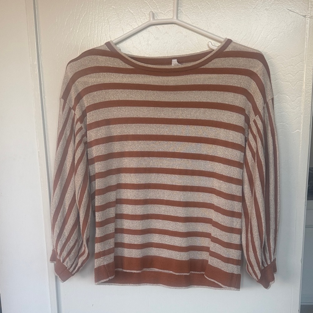 Striped Mustard Brown and Sparkling Cream Gold Women's Top